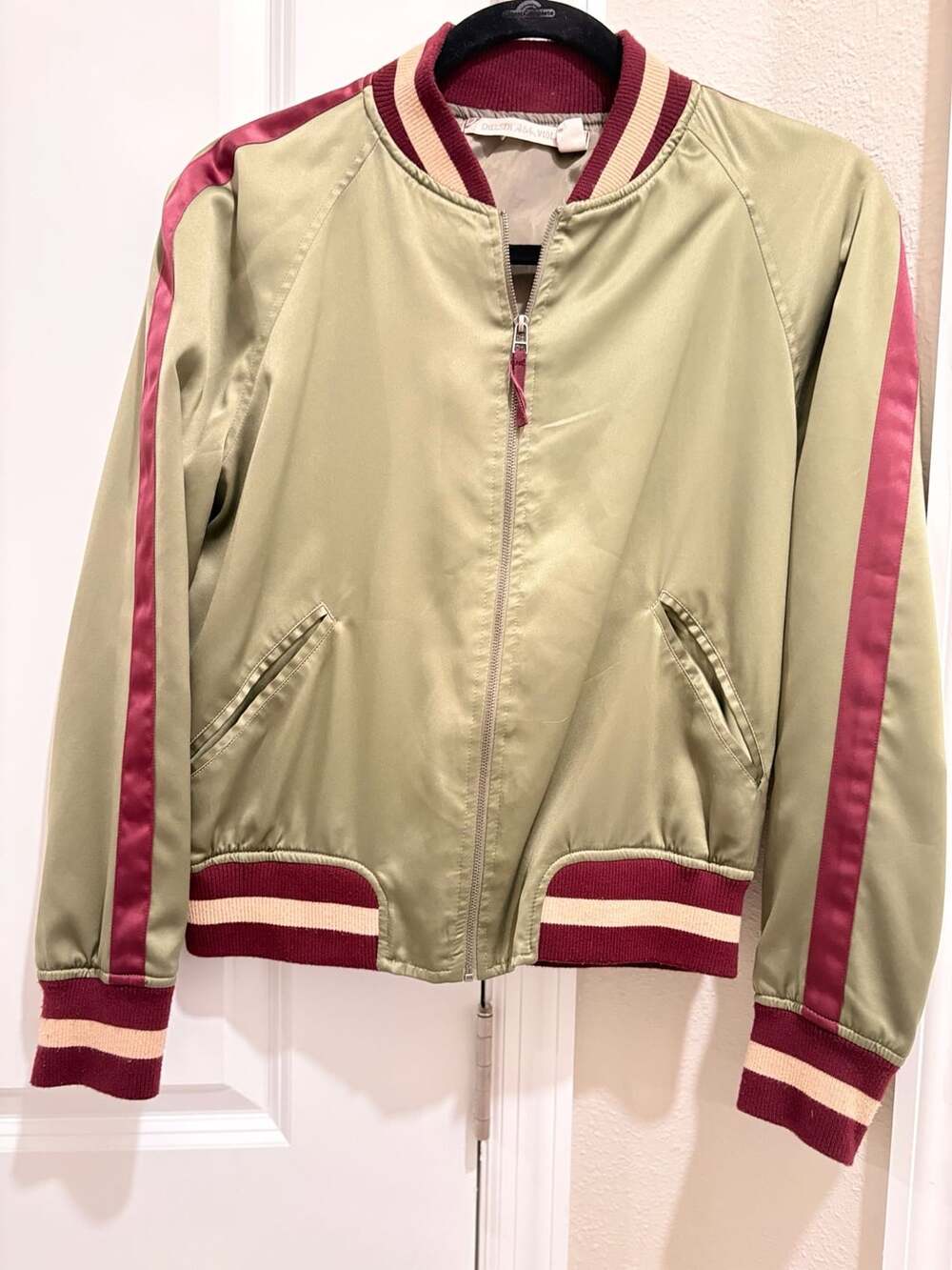 Chelsea & Violet Green Satin Bomber Jacket with Striped Ribbed Trim Size XS